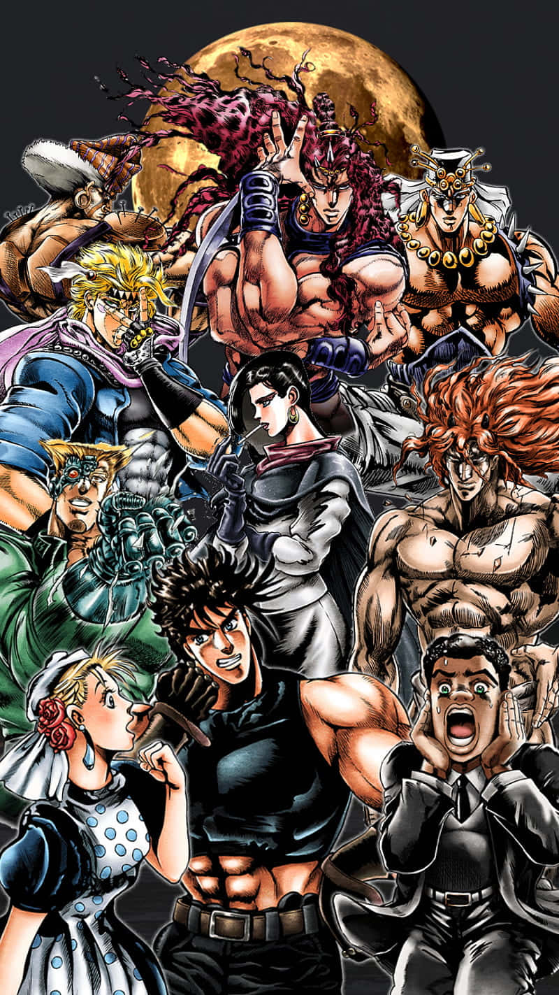 Jojo's Bizarre Adventure 桌布 壁紙 — 一幅動態的動漫拼貼畫，描繪JoJo的奇妙冒險角色在巨大月亮背景下英勇擺姿勢。