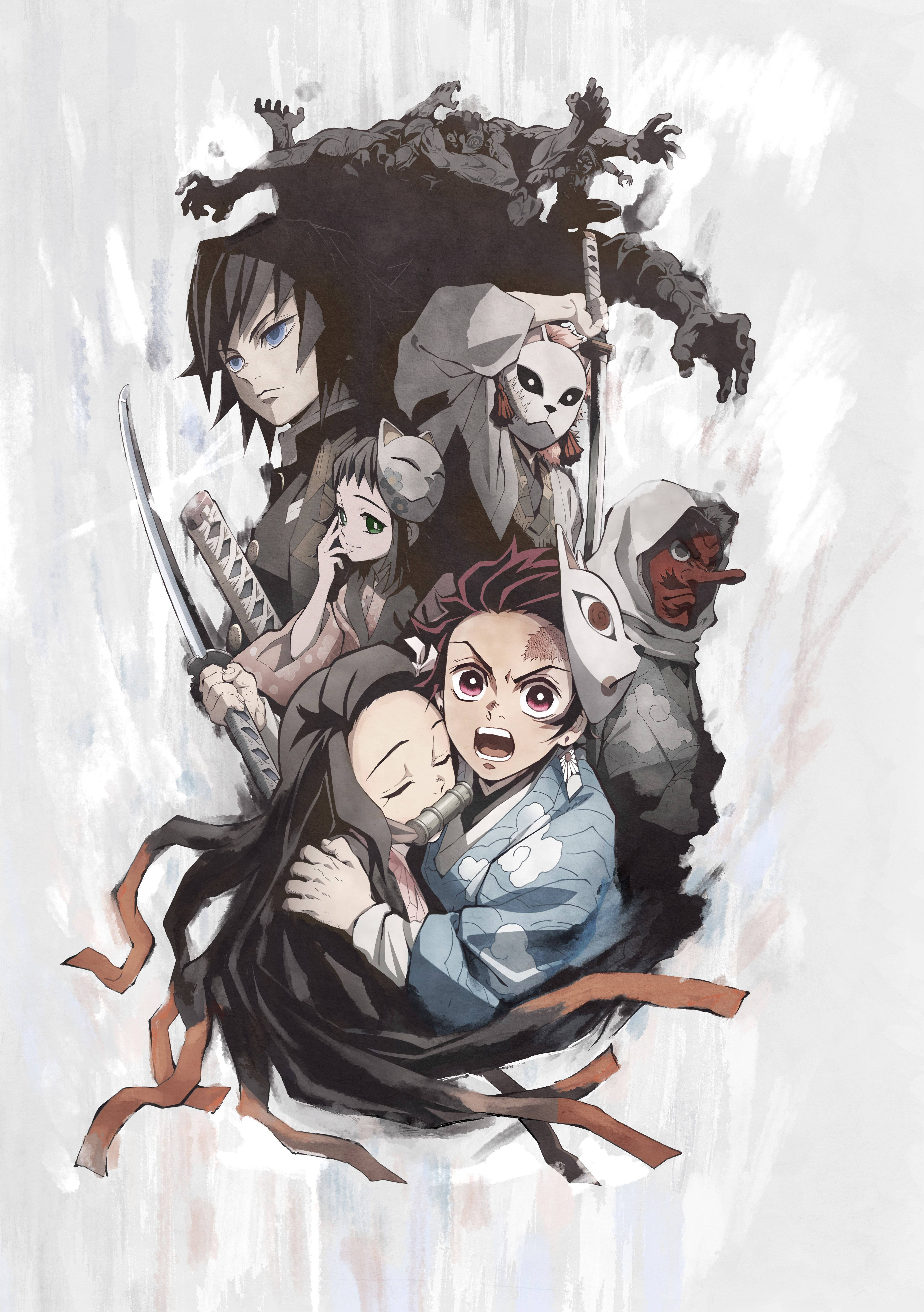Kimetsu 桌布 壁紙 — 一幅動態的動漫插圖，描繪鬼滅之刃角色與一個巨大的惡魔戰鬥的場景。