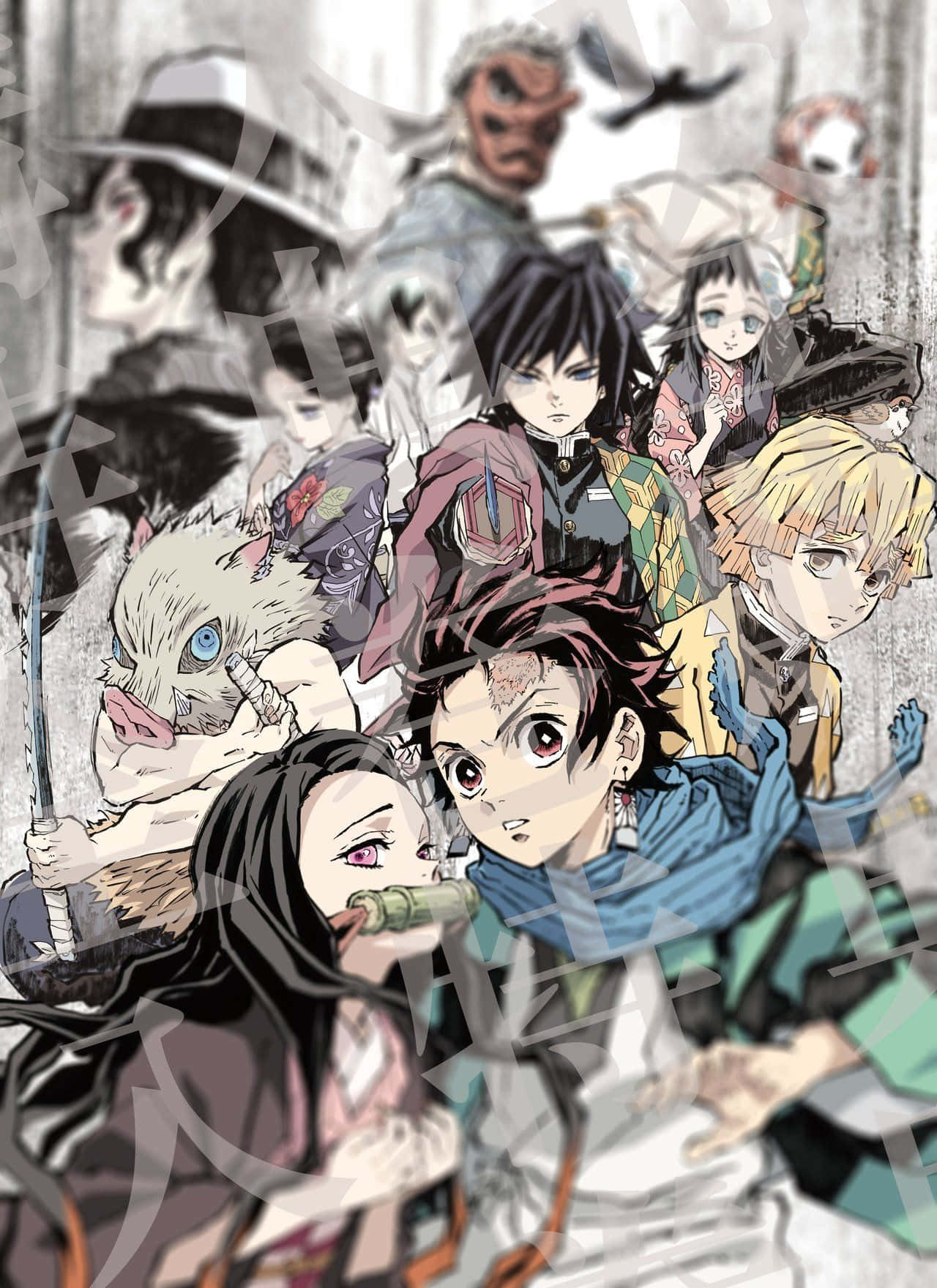 Demon Slayer Group 桌布 壁紙 — 一幅動態的動畫群像，描繪《鬼滅之刃》角色在粗糙都市背景下擺出戲劇性姿勢。