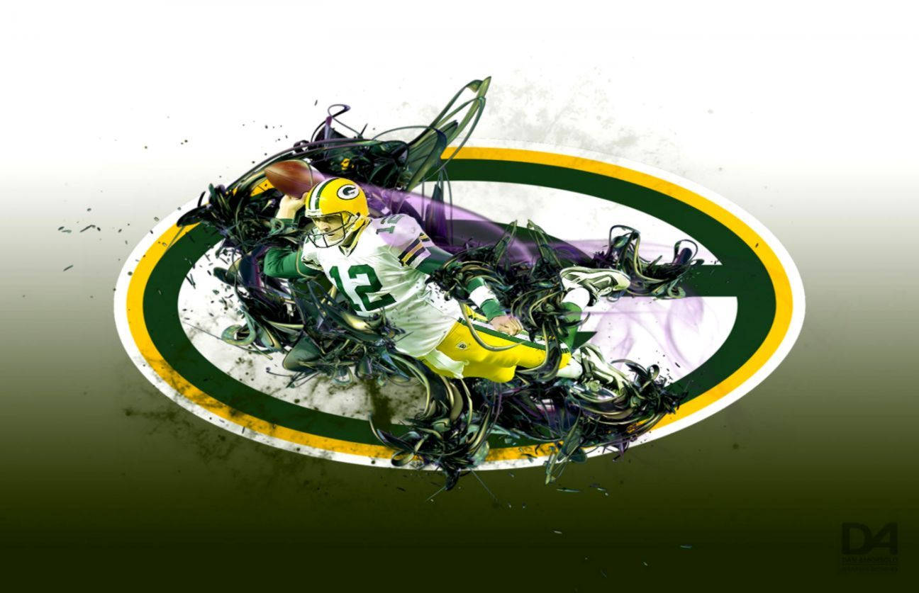 Packers 桌布 壁紙 — 一幅動態的數位藝術插圖，描繪綠灣包裝工隊的足球運動員在行動中從球隊標誌中迸發出來，帶有濺墨效果。