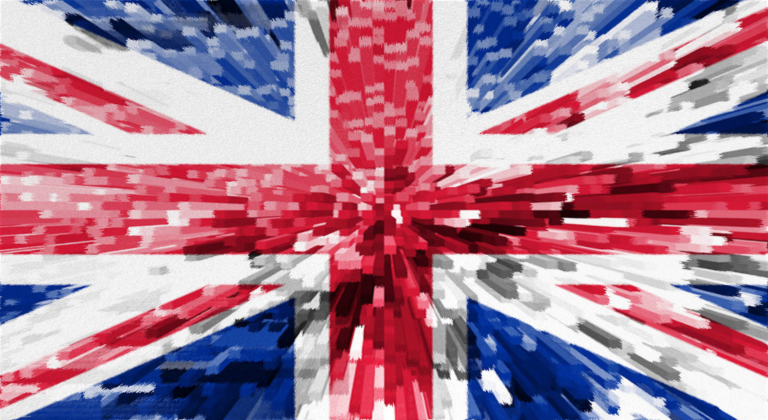 United Kingdom 桌布 壁紙 — 一幅動態的數位藝術爆炸，英國國旗向外輻射，帶有紅色、白色和藍色的像素化條紋。