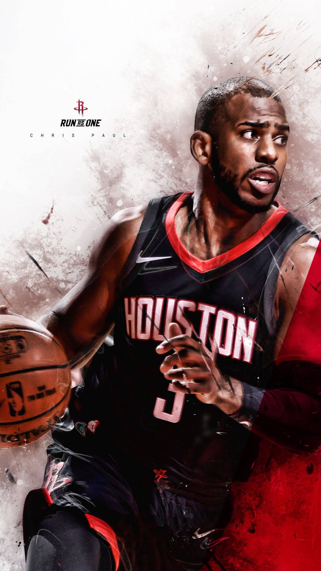 Chris Paul 桌布 壁紙 — 一幅動態的數位藝術肖像，描繪籃球運動員克里斯保羅身穿休士頓火箭隊球衣，專注地運球。