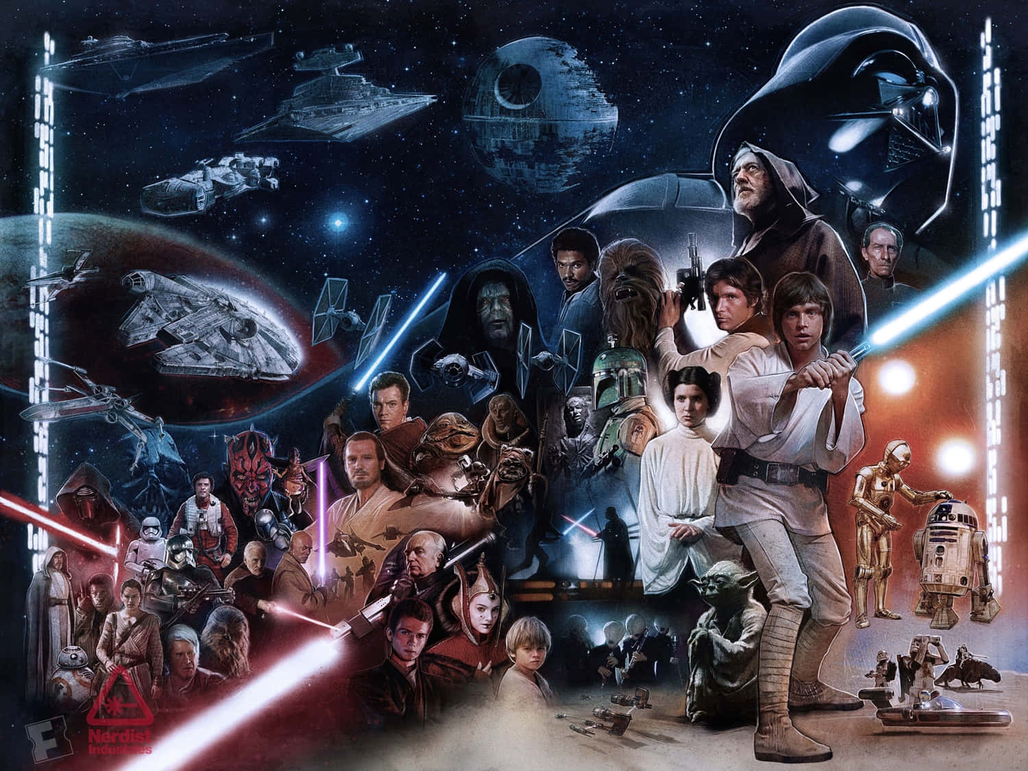Star Wars Characters 桌布 壁紙 — 一幅動態的星際大戰拼貼畫，以星光宇宙為背景，展示標誌性角色和太空船，並有發光的光劍。