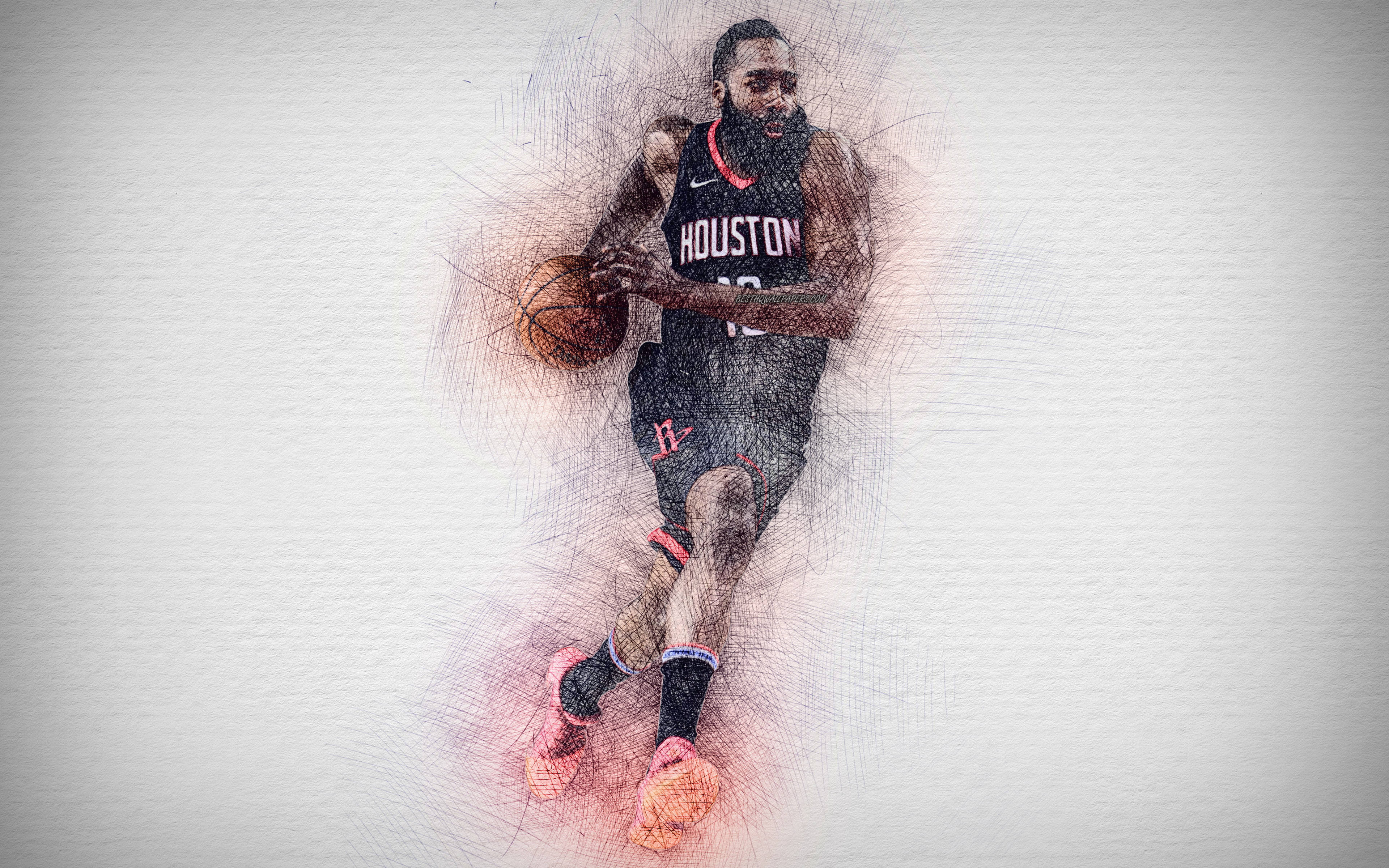 James Harden 桌布 壁紙 — 一幅動態素描風格插圖，描繪一位身穿休士頓球衣的籃球運動員，帶有動態模糊效果運球。