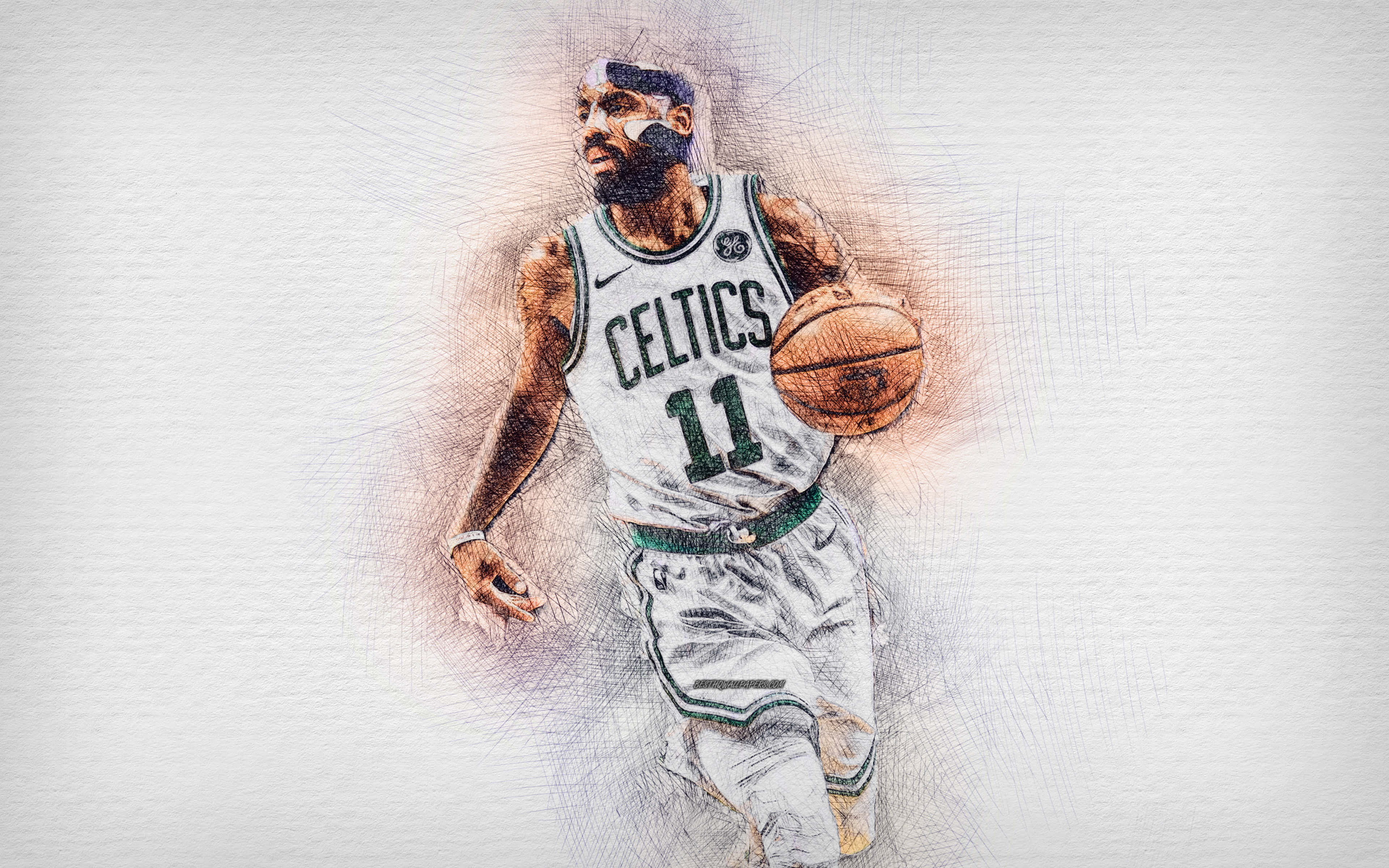 Kyrie Irving Cool 桌布 壁紙 — 一幅動態素描風格插圖，描繪一位身穿塞爾提克球衣的籃球運動員專注地運球。