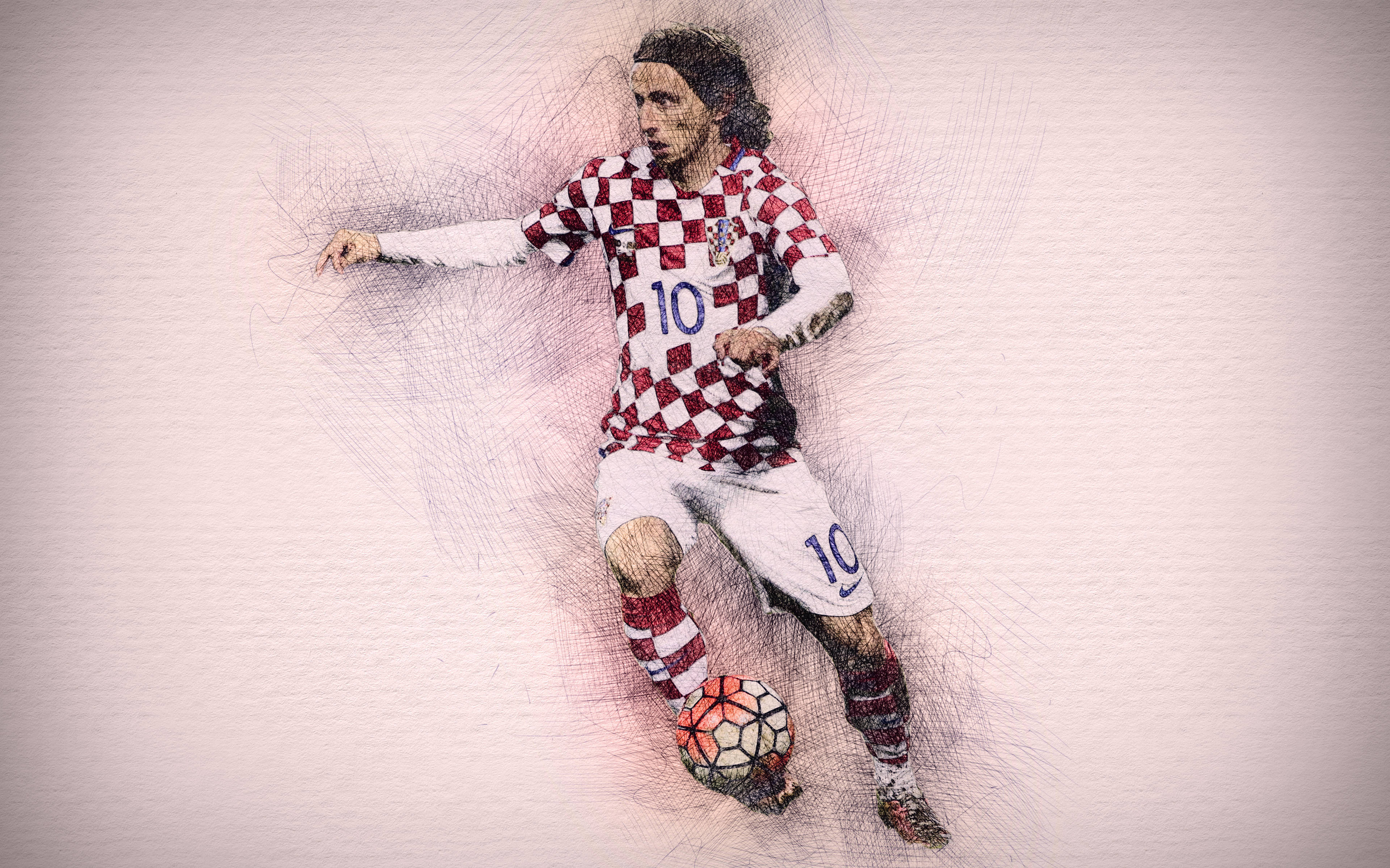 Croatia 桌布 壁紙 — 一幅動態素描風格插圖，描繪一名克羅埃西亞足球員身穿紅白格紋球衣，專注地盤球。