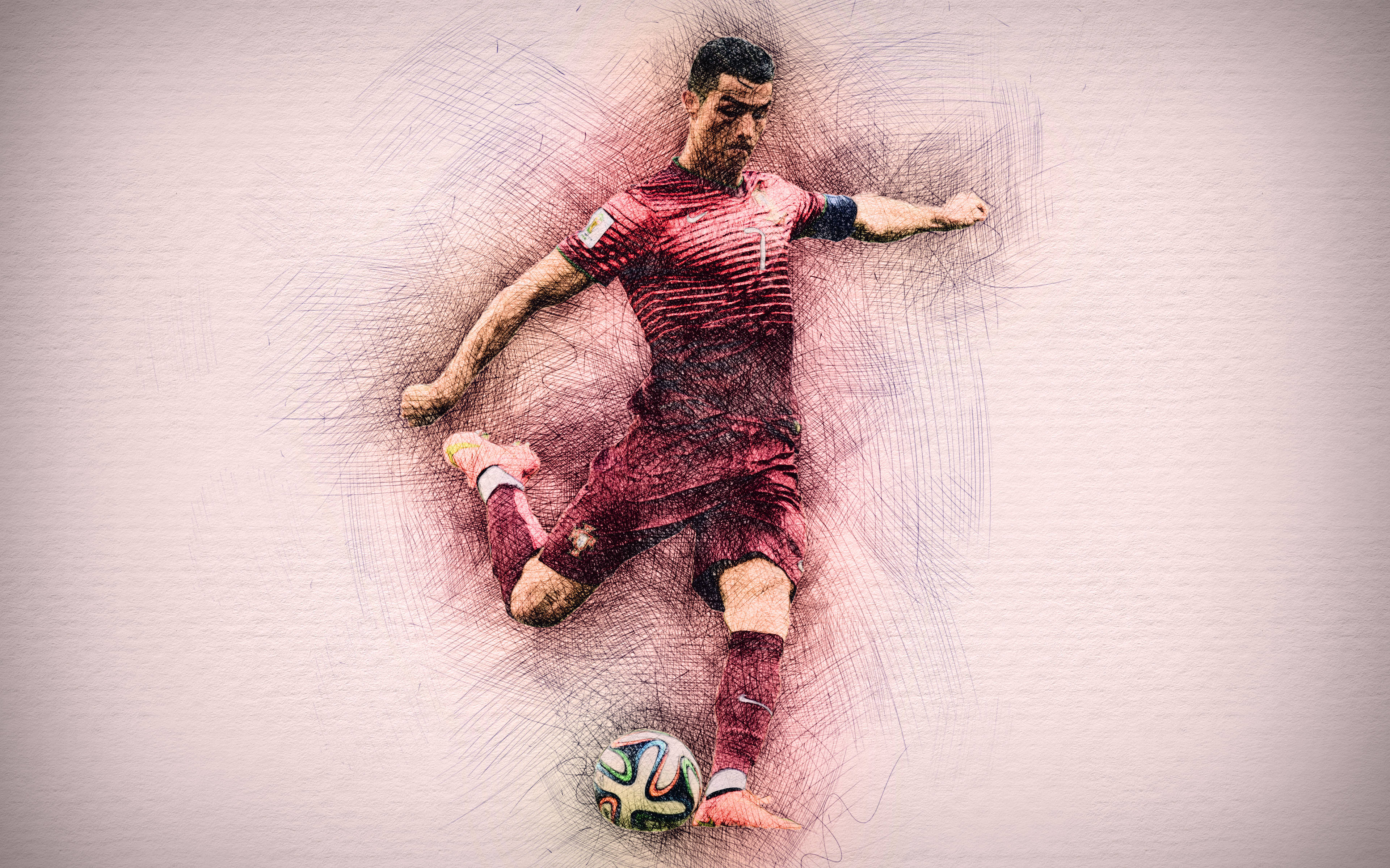 Ronaldo 桌布 壁紙 — 一幅動態素描風格插圖，描繪一名足球運動員正踢出一個色彩繽紛的球，背景帶有紋理。
