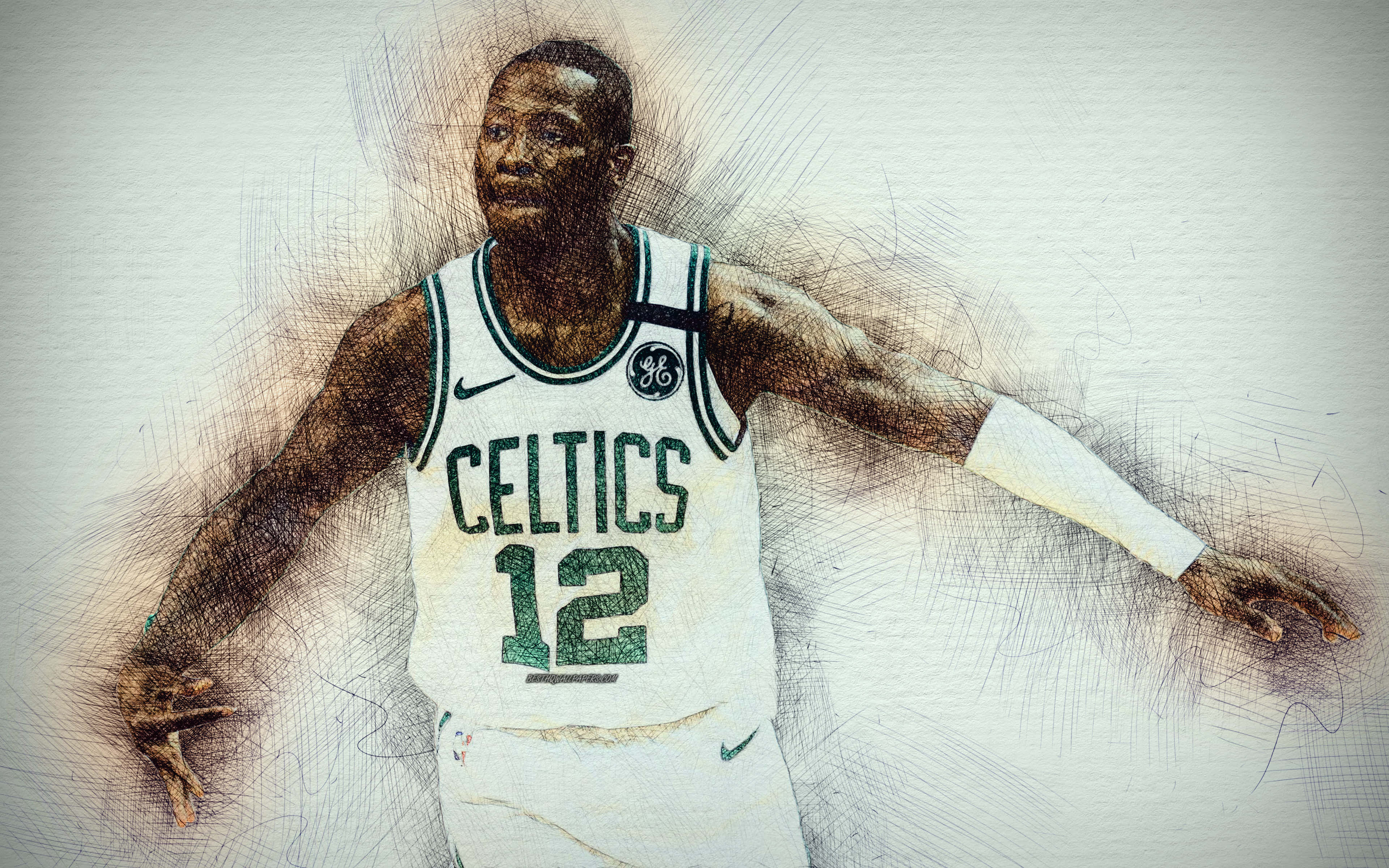 NBA 桌布 壁紙 — 一幅動態素描風格插圖，描繪身穿12號球衣的波士頓塞爾提克籃球運動員正在比賽。