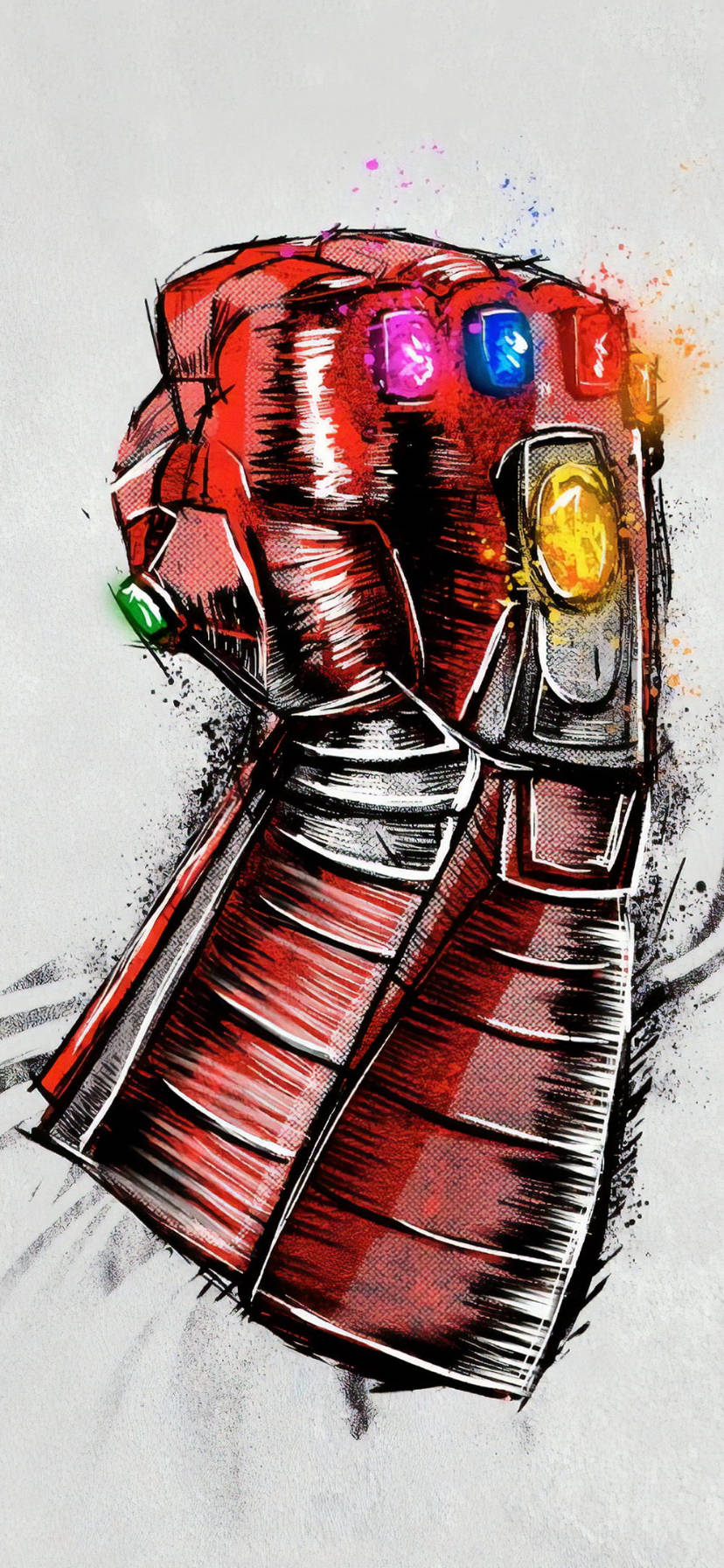 marvel iPhone xr 桌布 壁紙 — 一幅動態素描風格的插圖，描繪了紅色無限手套，帶有發光的彩色寶石，背景為有紋理的灰色。