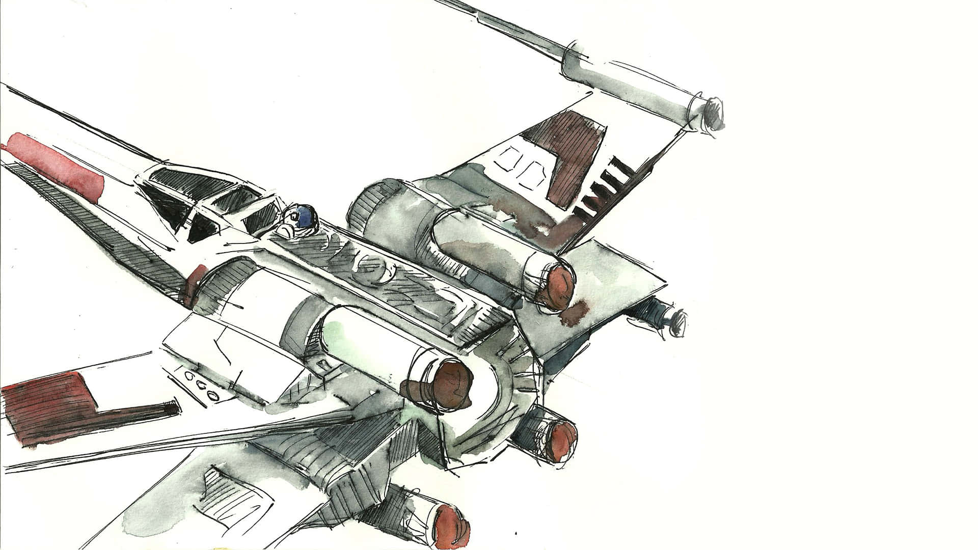 The Z-95 Headhunter 桌布 壁紙 — 一幅動態草圖，描繪了一艘帶有紅色點綴和詳細駕駛艙的星際戰鬥機，背景為純白色。