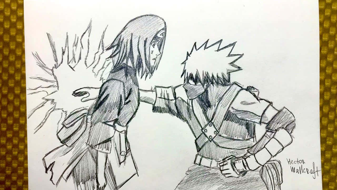 Kakashi And Rin 桌布 壁紙 — 一幅動態鉛筆素描，描繪兩個動漫角色在戰鬥中，帶有能量爆發和細緻的線條。