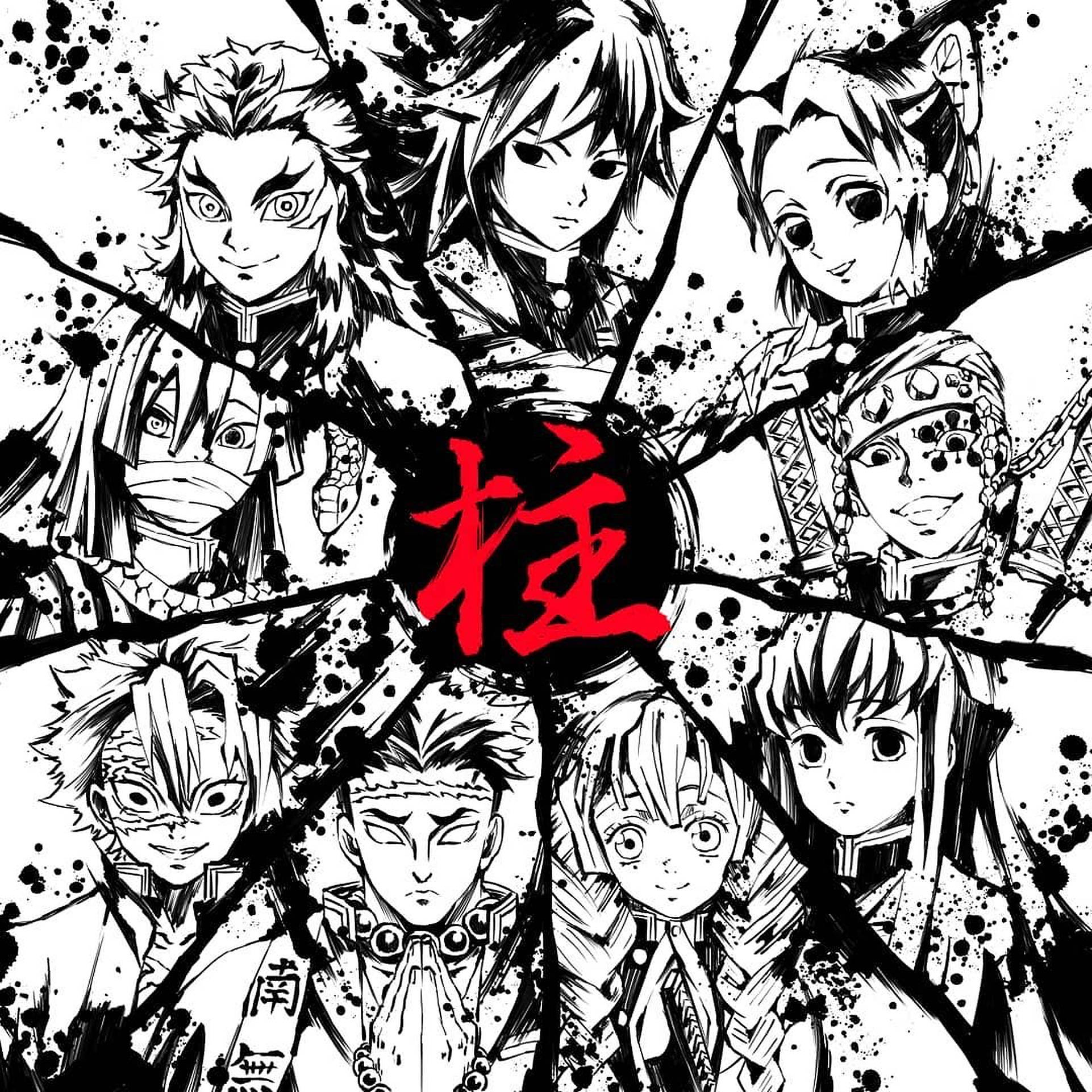 鬼滅之刃標誌 桌布 壁紙 — 一幅動態黑白動漫插圖，七個角色圍繞中央的紅色漢字排列，帶有墨水飛濺效果。