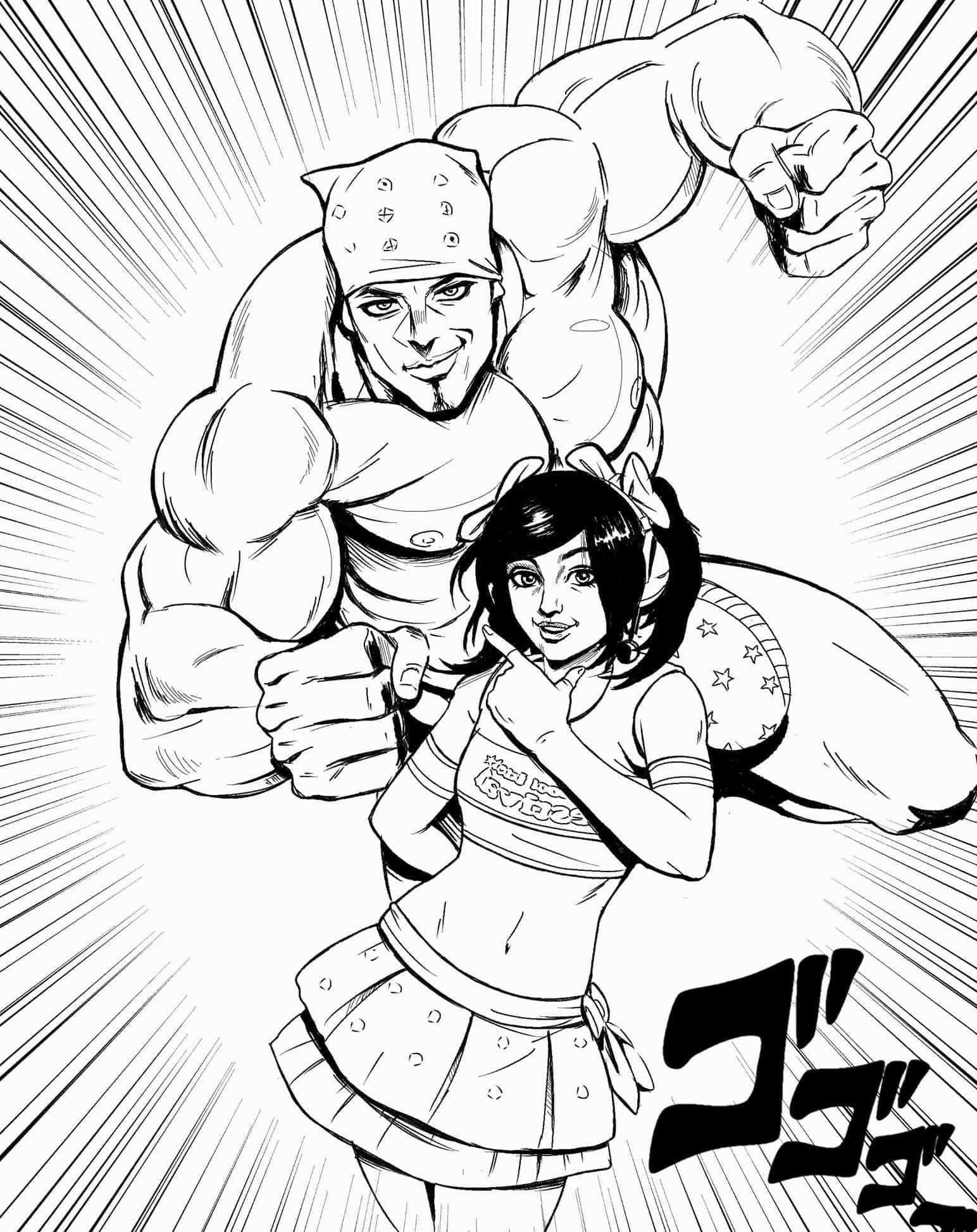 Jojo Meme 桌布 壁紙 — 一幅動態黑白動漫插圖，描繪一位肌肉發達的男子和一位微笑的女孩，以放射狀速度線英雄式地擺姿勢。