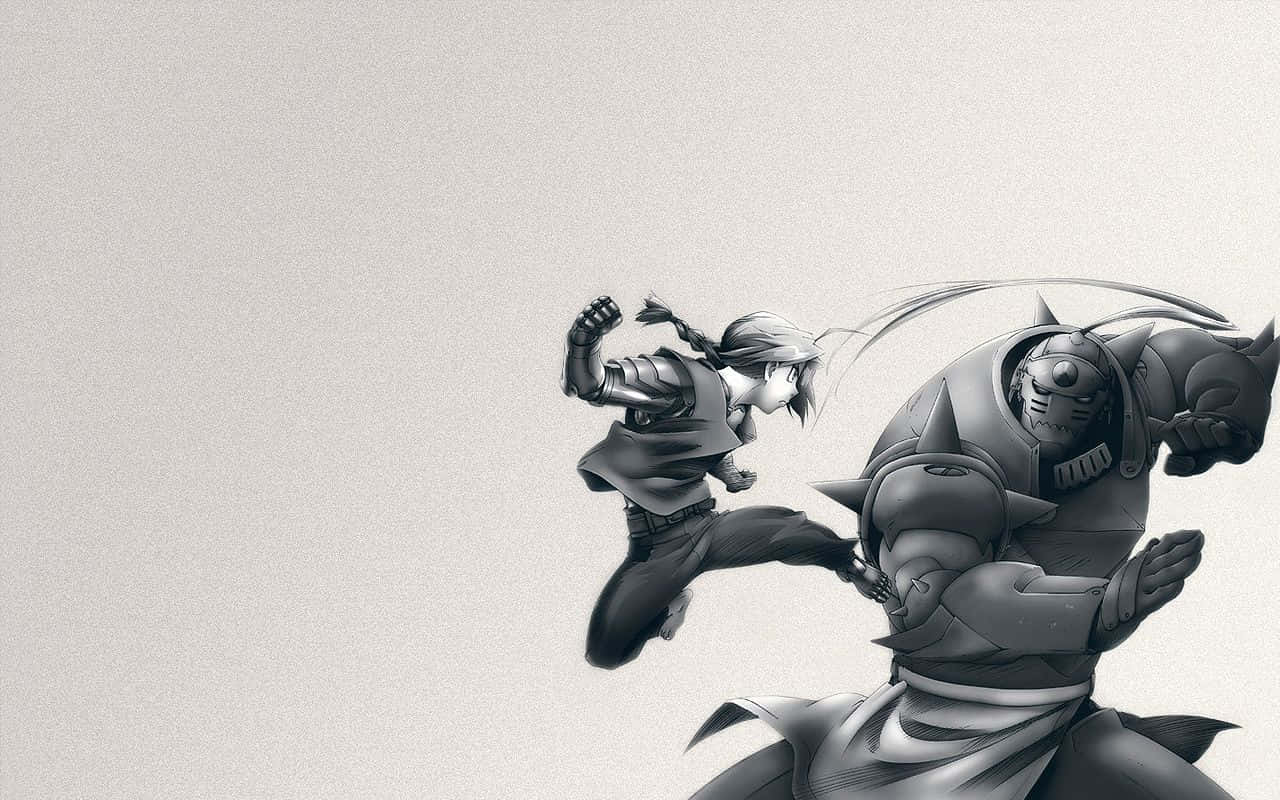 Fullmetal Alchemist 桌布 壁紙 — 一幅動態黑白動漫插圖，描繪一名年輕戰士正踢向一個笨重的裝甲對手。