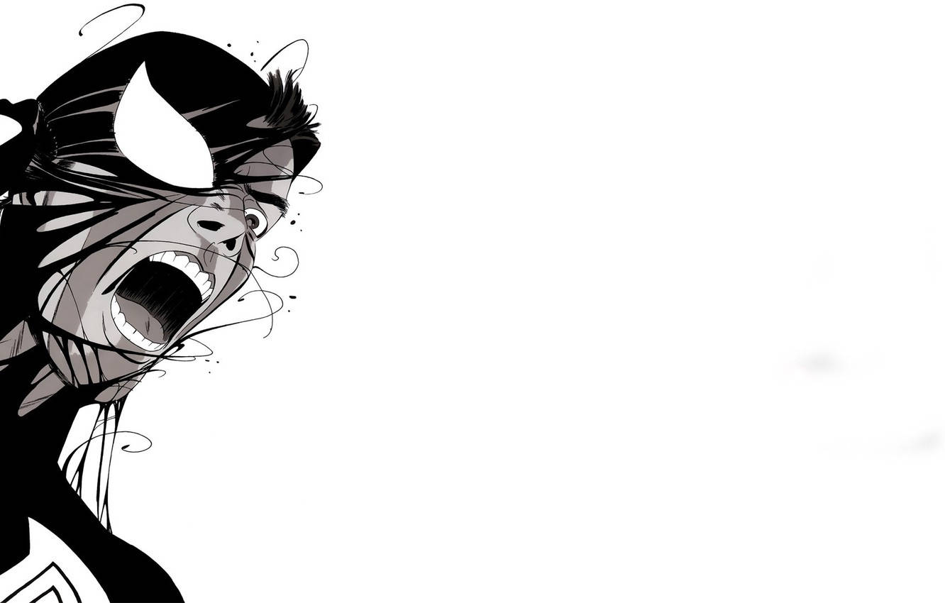 蜘蛛人 桌布 壁紙 — 一幅動態黑白動漫風格插圖，描繪一位戴面具的超級英雄在純白背景上尖叫，伴隨著旋轉的線條。