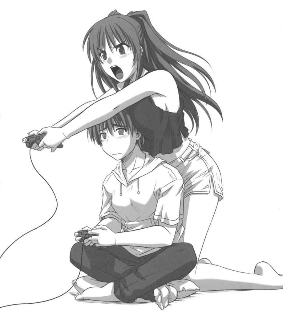 Cute Couples 桌布 壁紙 — 一幅動態黑白動畫插圖，描繪一個女孩戲劇性地俯身靠近一個男孩，兩人正激烈地玩電子遊戲。