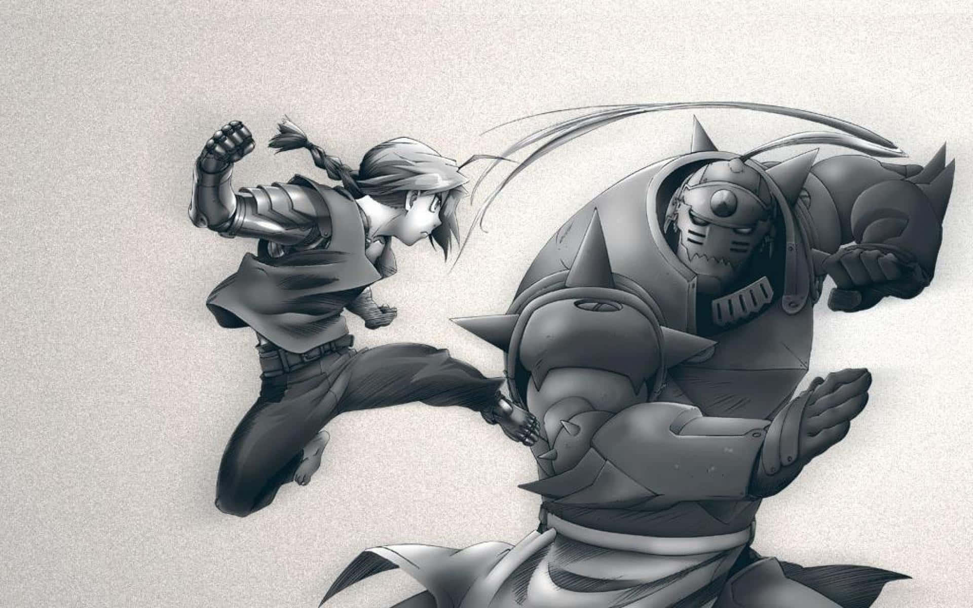 鋼之鍊金術師 BROTHERHOOD 桌布 壁紙 — 一幅動態黑白動畫插圖，描繪一名年輕戰士在半空中踢向一個大型裝甲機器人。