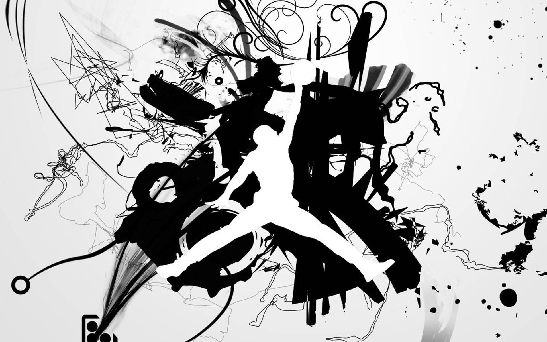Air Jordan 桌布 壁紙 — 一幅動態黑白抽象插圖，描繪一個跳躍的剪影，周圍環繞著混亂的墨水飛濺和旋轉的線條。