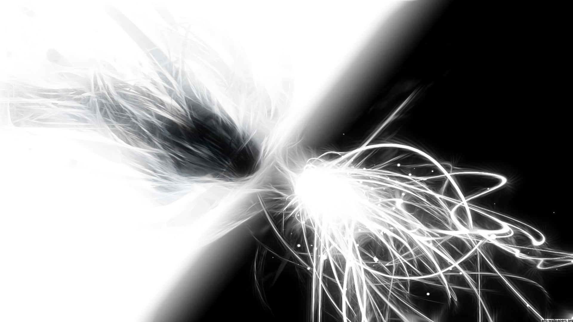 Black And White Abstract 桌布 壁紙 — 一幅動態黑白抽象構圖，呈現從中心點爆發的漩渦光軌，背景為鮮明的斜角分割。