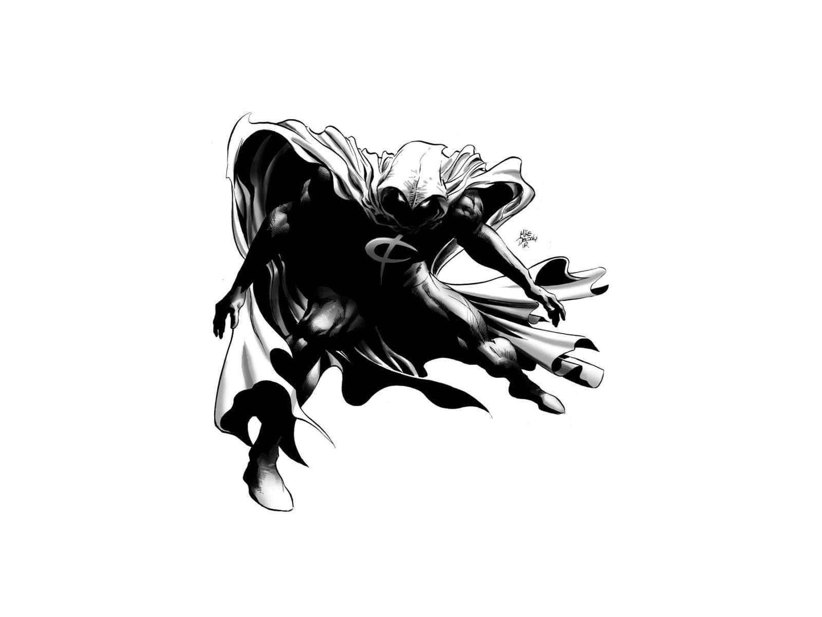 Moon Knight 桌布 壁紙 — 一幅動態黑白插圖，描繪一位戴面具的超級英雄在半空中跳躍，披風飄揚。
