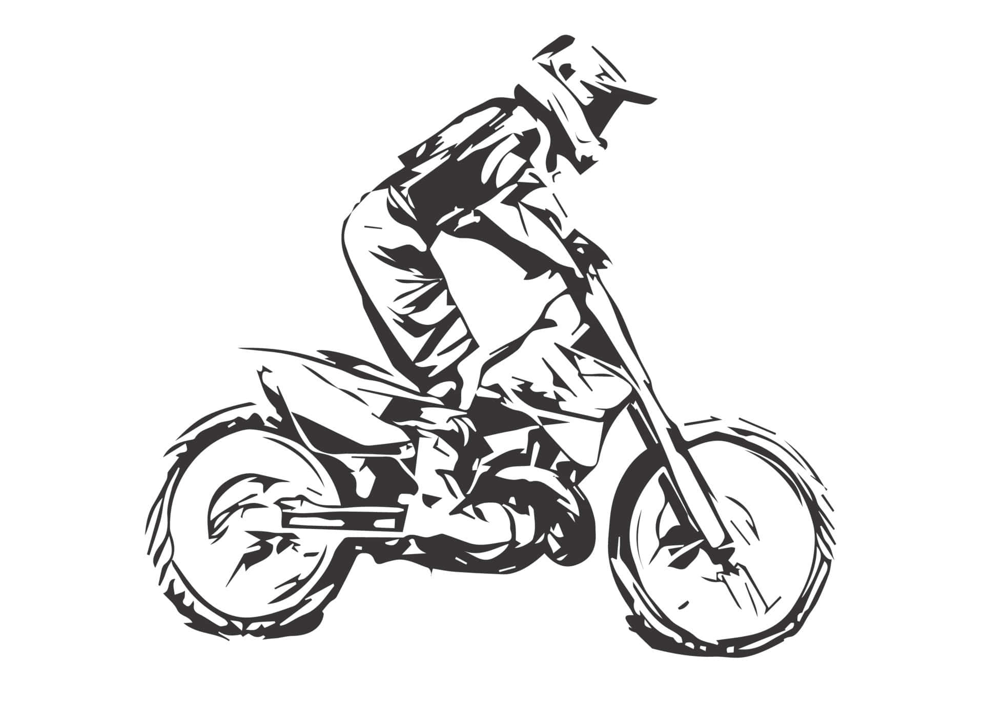 Motocross 桌布 壁紙 — 一幅動態黑白插圖，描繪一位越野摩托車手在泥地摩托車上傾斜入彎。