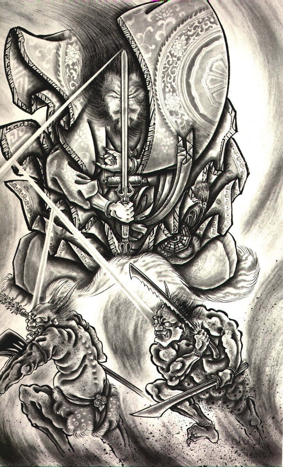 Japanese Tattoo 桌布 壁紙 — 一幅動態黑白插圖，描繪一位身穿華麗盔甲的武士戰士，用劍與兩個惡魔般的人物戰鬥。