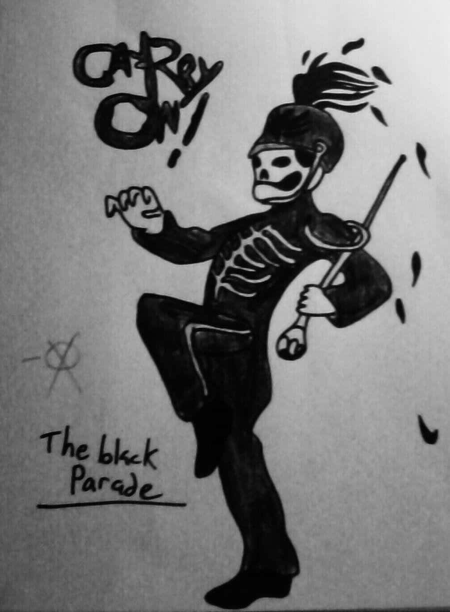my chemical romance 桌布 壁紙 — 一幅動態黑白插圖，描繪一個身穿制服、手持權杖、頭髮飄逸的骷髏樂隊成員。