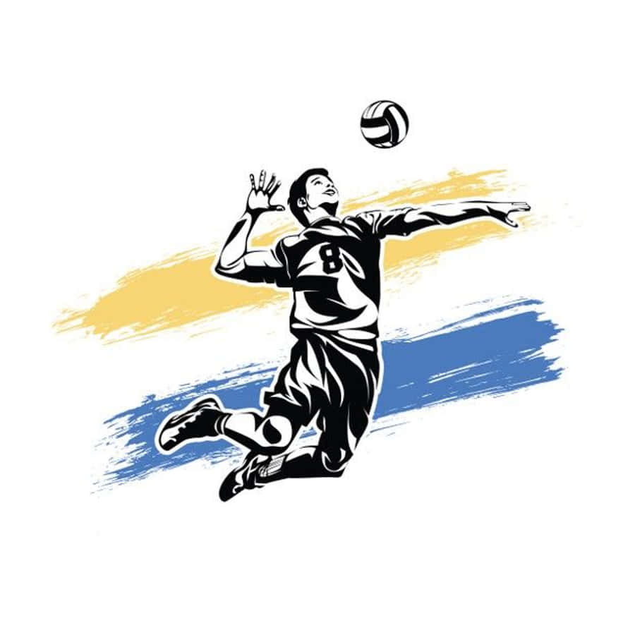 Volleyball Ball 桌布 壁紙 — 一幅動態黑白插圖，描繪一名排球運動員在半空中伸手接球，背後有鮮明的黃色和藍色筆觸。