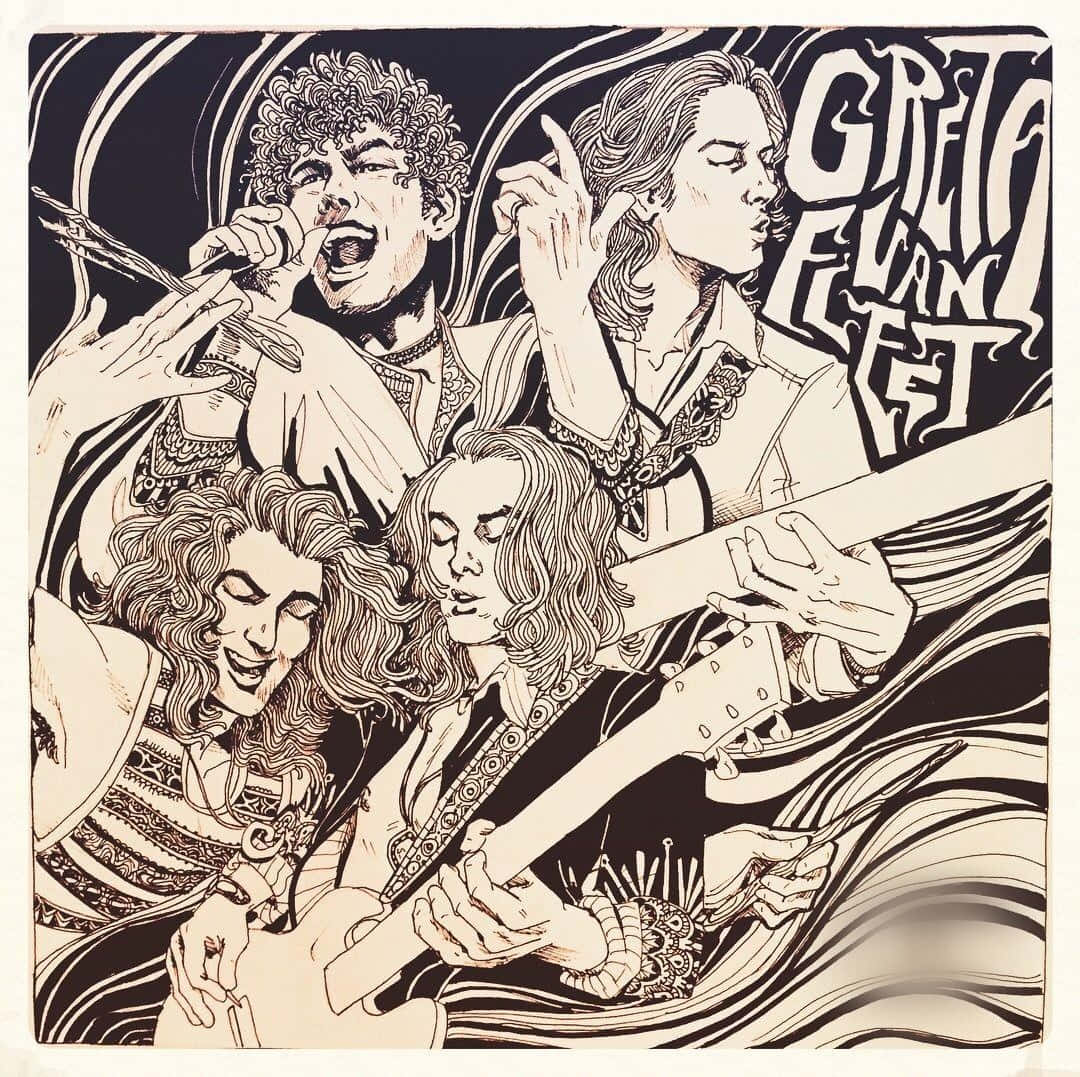 band 桌布 壁紙 — 一幅動態黑白插圖，描繪四位音樂家在旋轉抽象線條背景下熱情地彈奏吉他和唱歌。