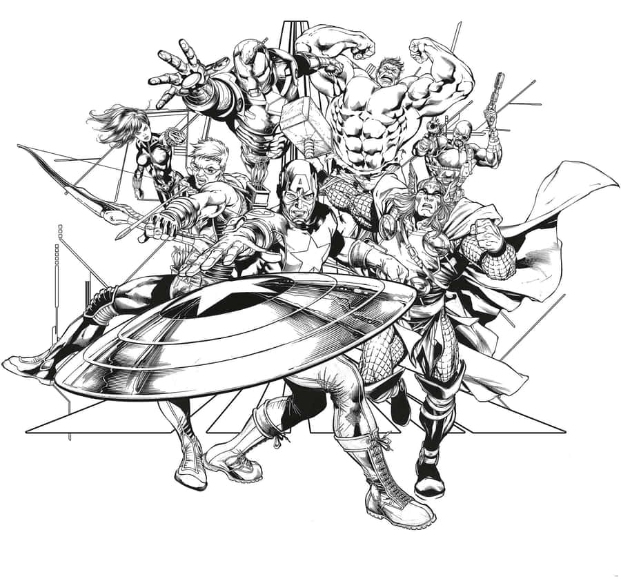 Marvel Black And White 桌布 壁紙 — 一幅動態黑白插圖，描繪復仇者聯盟團隊以英雄姿態登場，美國隊長在前景舉起盾牌。