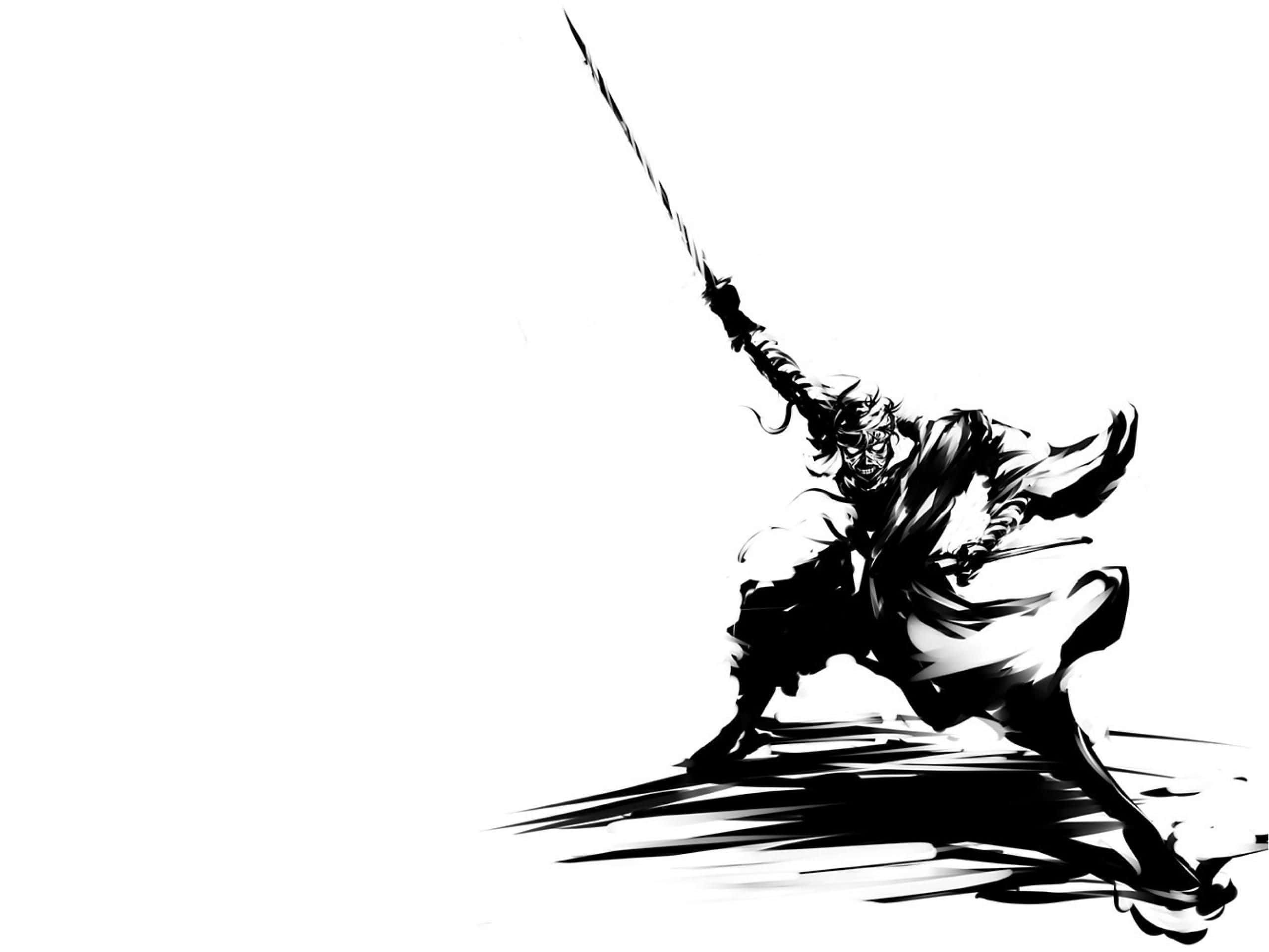 Black And White Samurai 桌布 壁紙 — 一幅動態黑白插圖，描繪戰士在純白背景中揮劍的瞬間。
