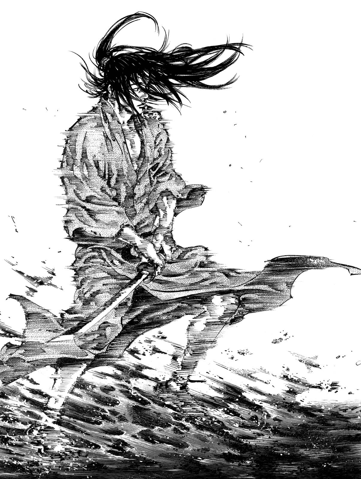 Vagabond 桌布 壁紙 — 一幅動態黑白插圖，描繪武士揮劍斬擊，頭髮被風吹起，水花因動作而模糊。