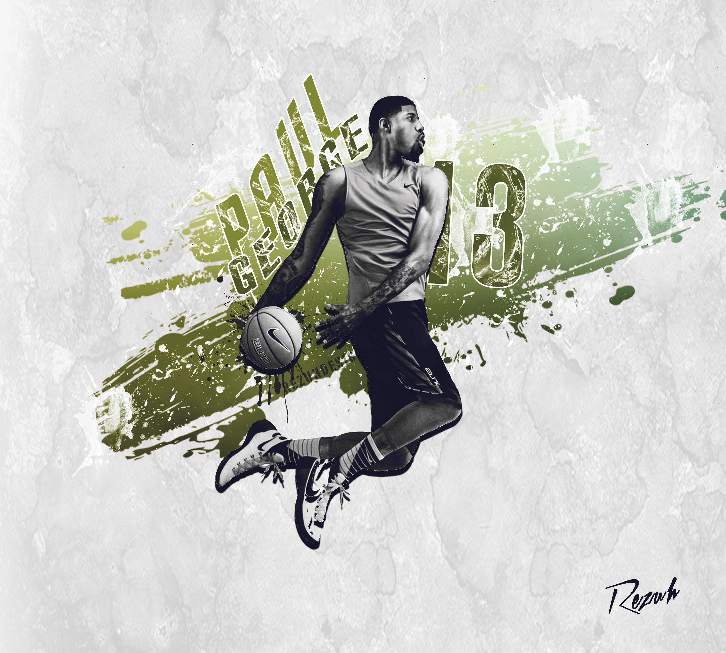 George 桌布 壁紙 — 一幅動態黑白插圖，描繪籃球運動員 Paul George 在半空中持球，背景為帶紋理的綠色和灰色潑濺圖案。