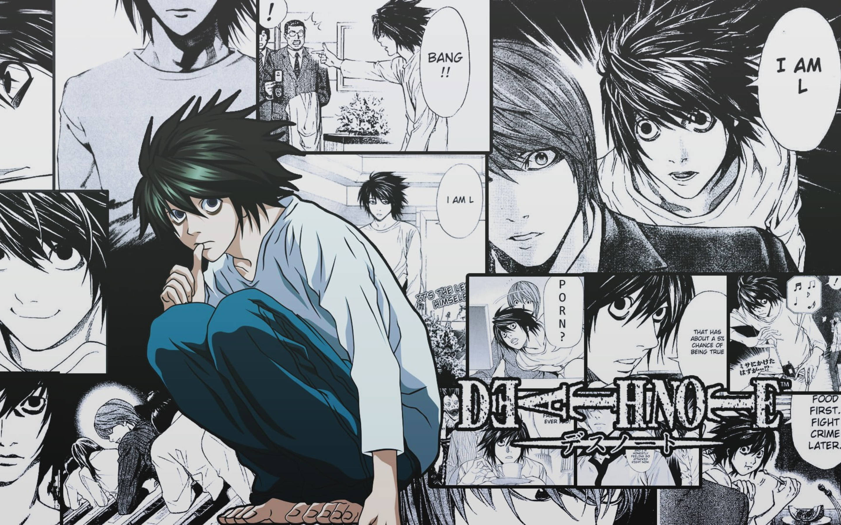 Death Note Aesthetic 桌布 壁紙 — 一幅動態黑白漫畫拼貼， featuring 死亡筆記本中的 L，帶有戲劇性畫格和對話氣泡。