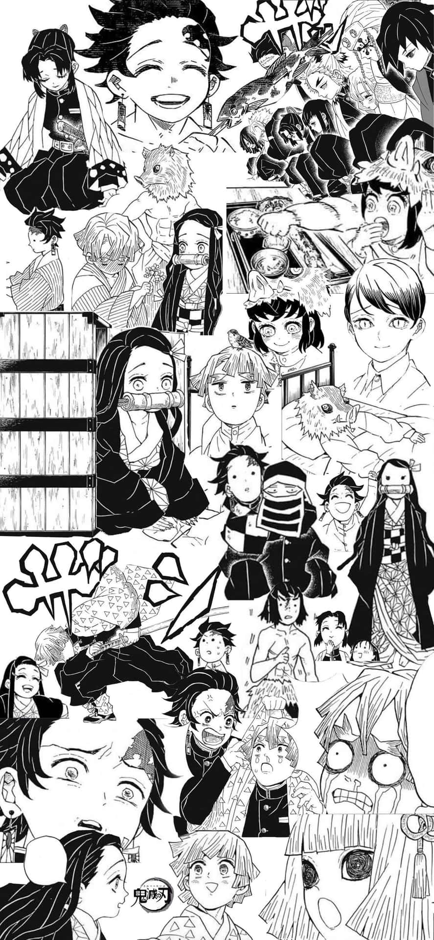 鬼滅之刃 桌布 壁紙 — 一幅動態黑白漫畫拼貼畫，展現《鬼滅之刃》中表情豐富的動漫角色，呈現各種姿勢和情感。