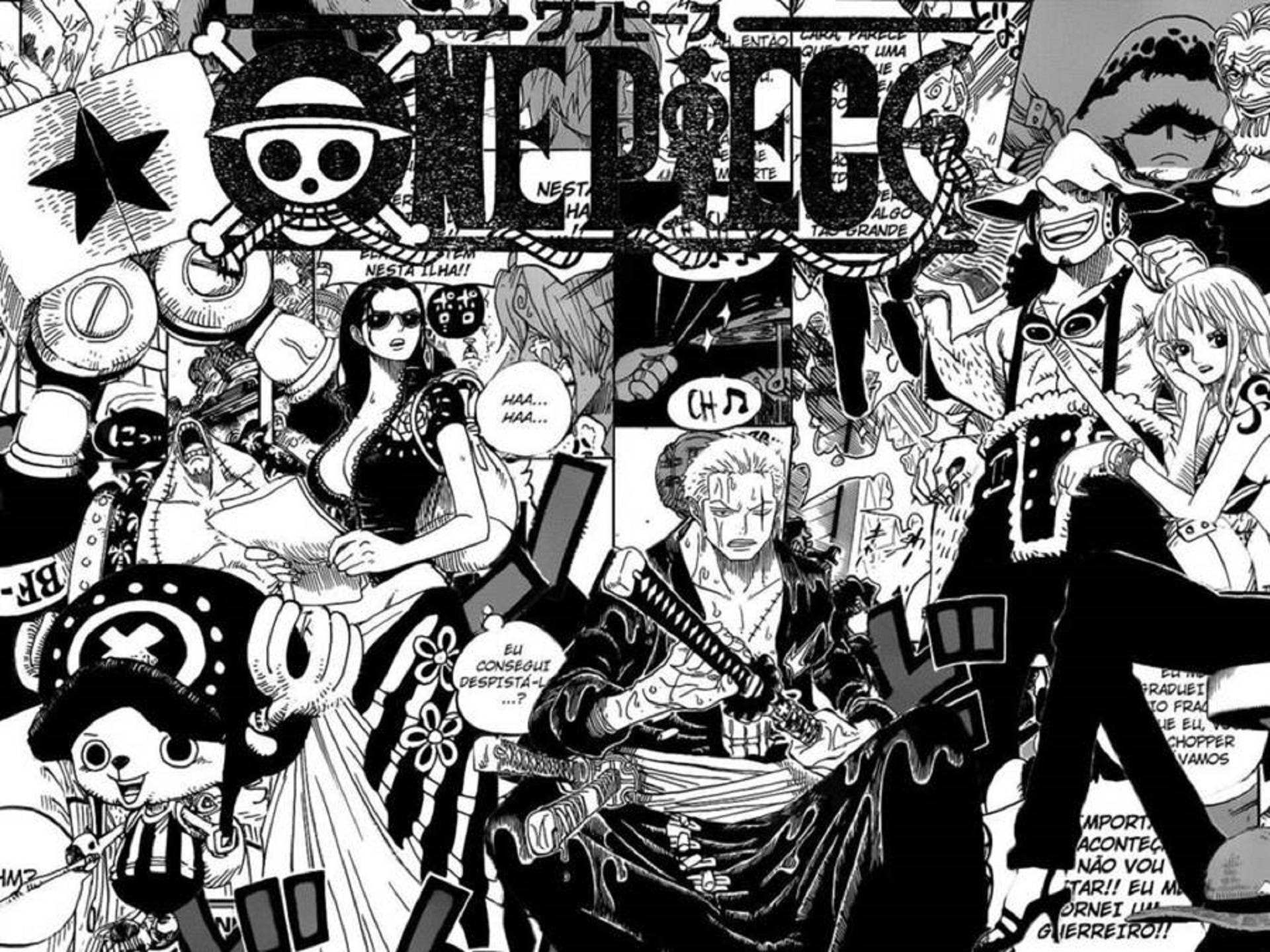 Panel 桌布 壁紙 — 一幅動態黑白漫畫拼貼畫，描繪了《航海王》角色在充滿動作的漫畫格中。
