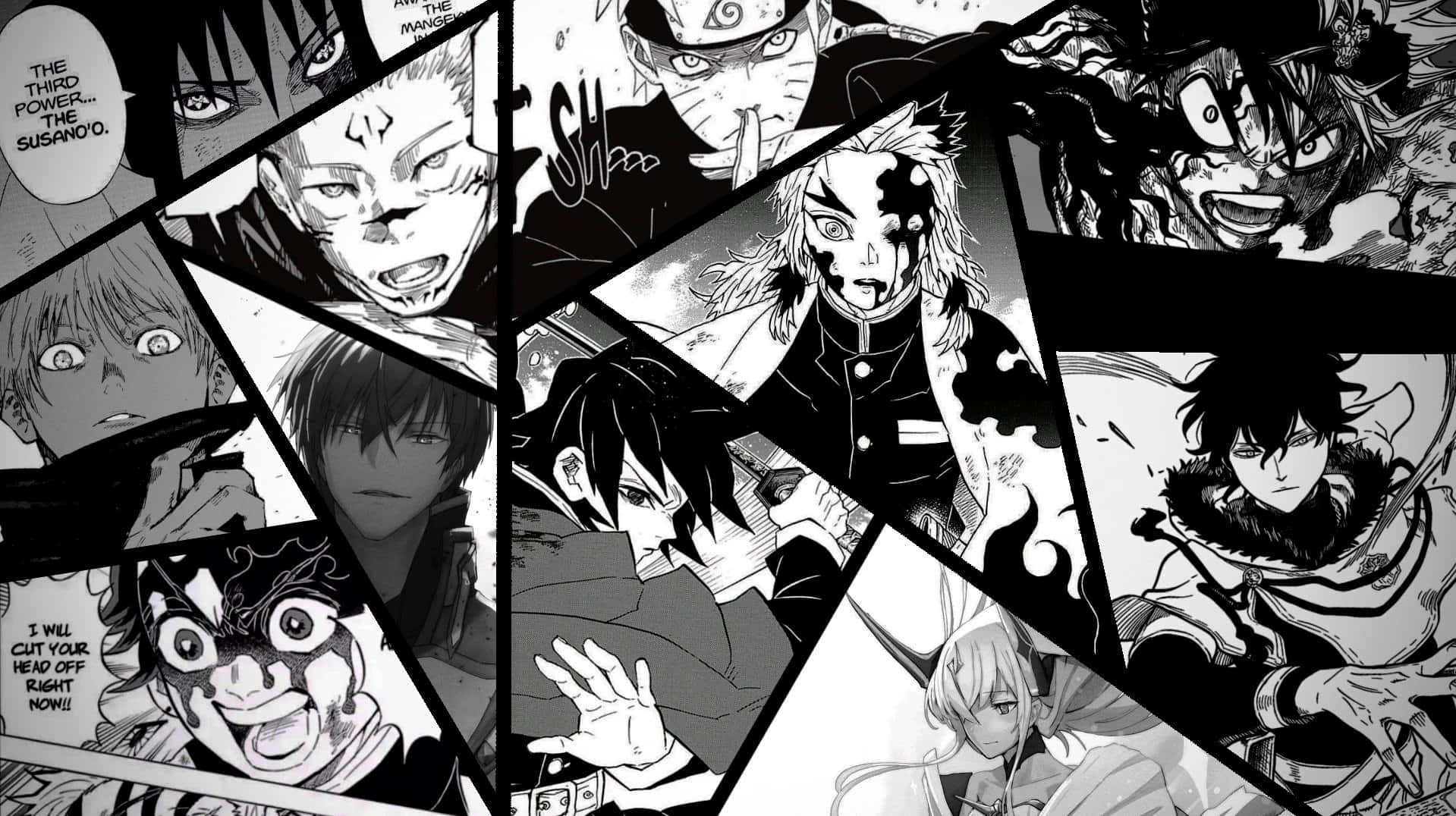 Rengoku And Tanjiro 桌布 壁紙 — 一幅動態黑白漫畫拼貼畫，描繪激烈的動漫角色以戲劇性的動作姿勢和對話氣泡呈現。