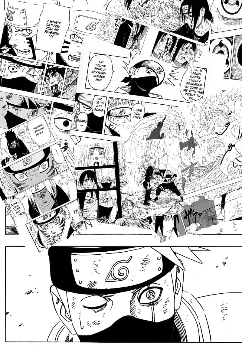 Naruto Manga 桌布 壁紙 — 一幅動態黑白漫畫拼貼畫，描繪火影忍者角色在激烈戰鬥場景中配有對話氣泡。