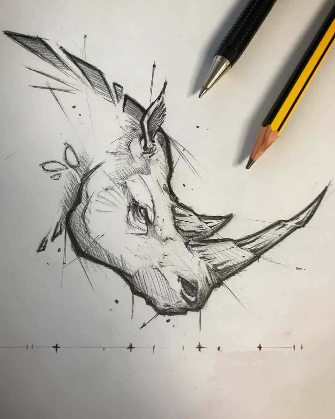 rhino 桌布 壁紙 — 一幅動態黑白素描，描繪犀牛頭部，線條銳利，帶有潑濺效果，置於紙上，旁邊放著一支鋼筆和鉛筆。