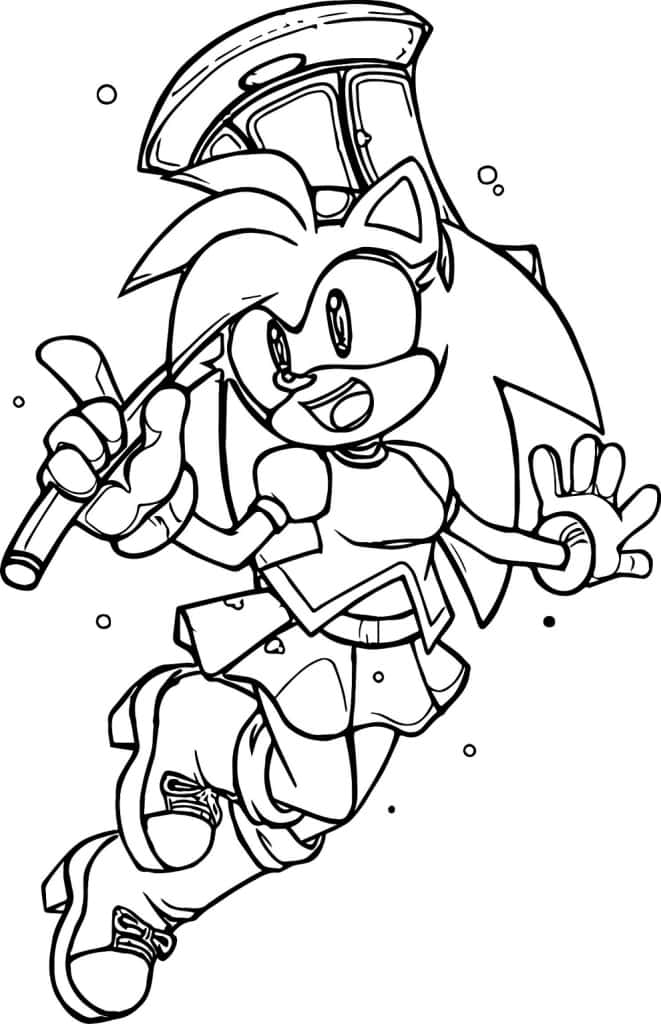 Sonic The Hedgehog Coloring 桌布 壁紙 — 一幅動態黑白線條藝術，描繪一隻快樂的雌性刺蝟角色在空中帶著噴射背包和和平手勢。