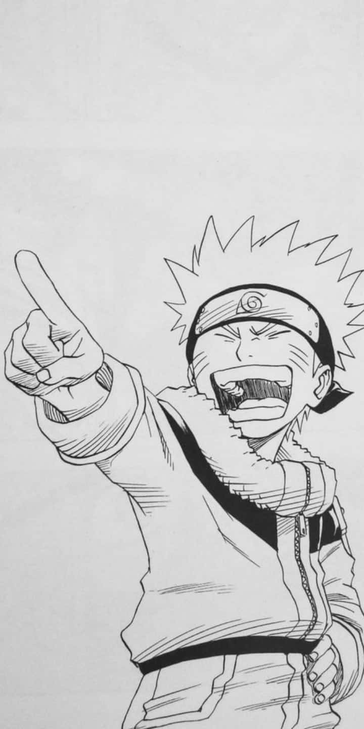 火影忍者 桌布 壁紙 — 一幅動態黑白線條藝術，描繪漩渦鳴人右食指指向前方大喊。