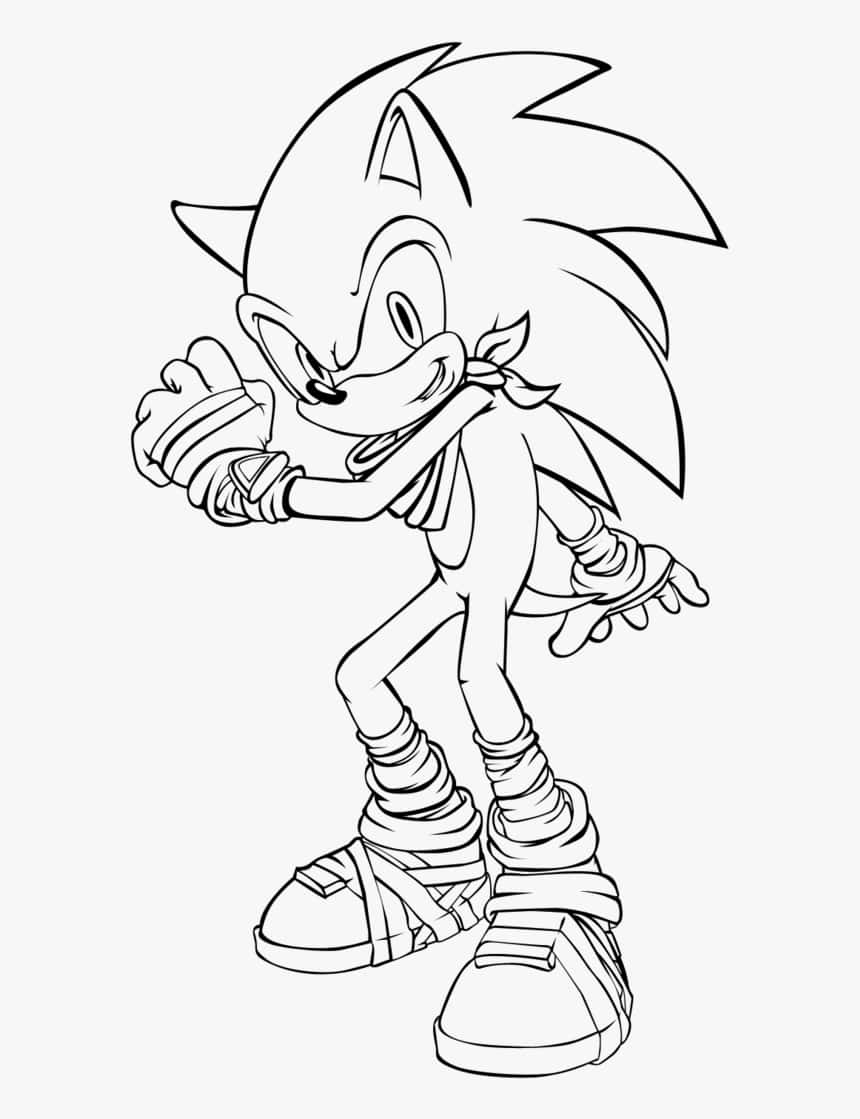Sonic The Hedgehog Coloring 桌布 壁紙 — 一幅動態黑白線條藝術，描繪音速小子索尼克以自信笑容奔跑的姿勢。