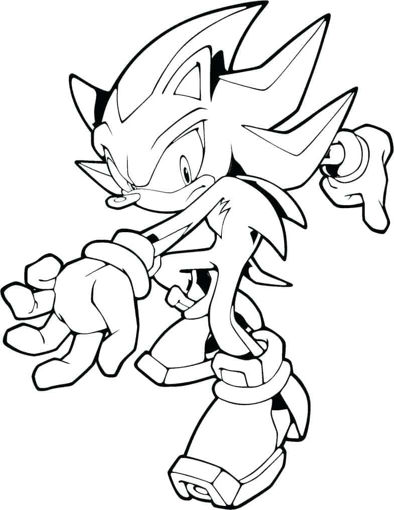 Sonic The Hedgehog Coloring 桌布 壁紙 — 一幅動態黑白線條藝術作品，描繪了刺蝟索尼克（Sonic the Hedgehog）奔跑的姿勢，帶有尖刺和手套。