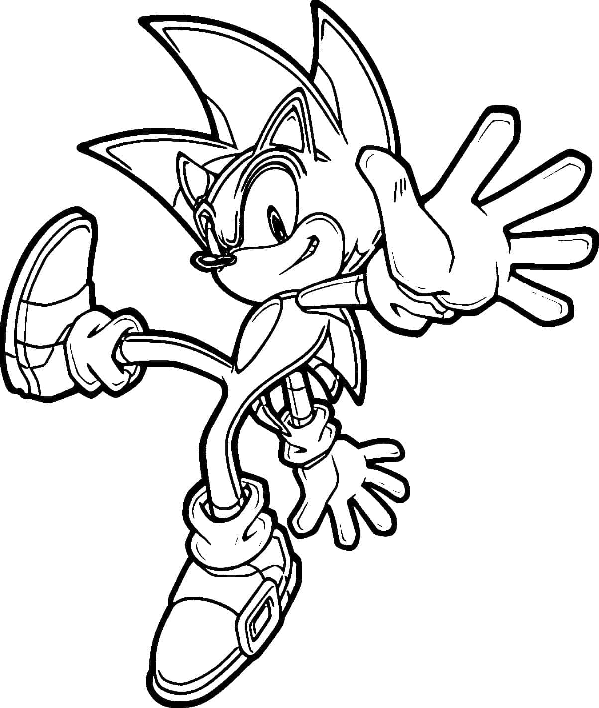 黑白 桌布 壁紙 — 一幅動態黑白線條藝術作品，描繪音速小子（Sonic the Hedgehog）張開雙臂、面帶愉快笑容奔跑的姿態。