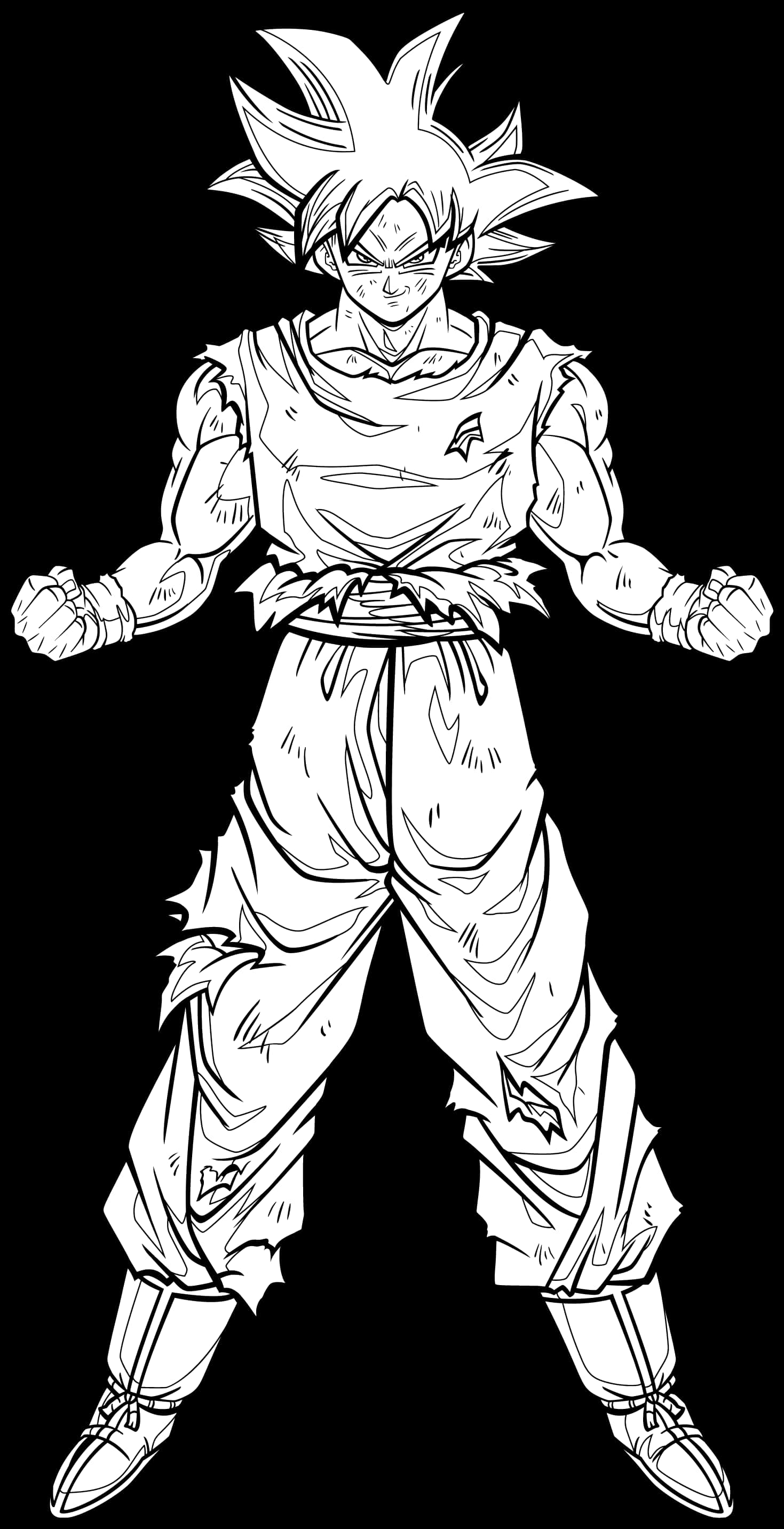 Ultra Instinct Goku 桌布 壁紙 — 一幅動態黑白線條藝術插圖，描繪一個肌肉發達、頭髮尖刺的動漫戰士擺出戰鬥姿勢。