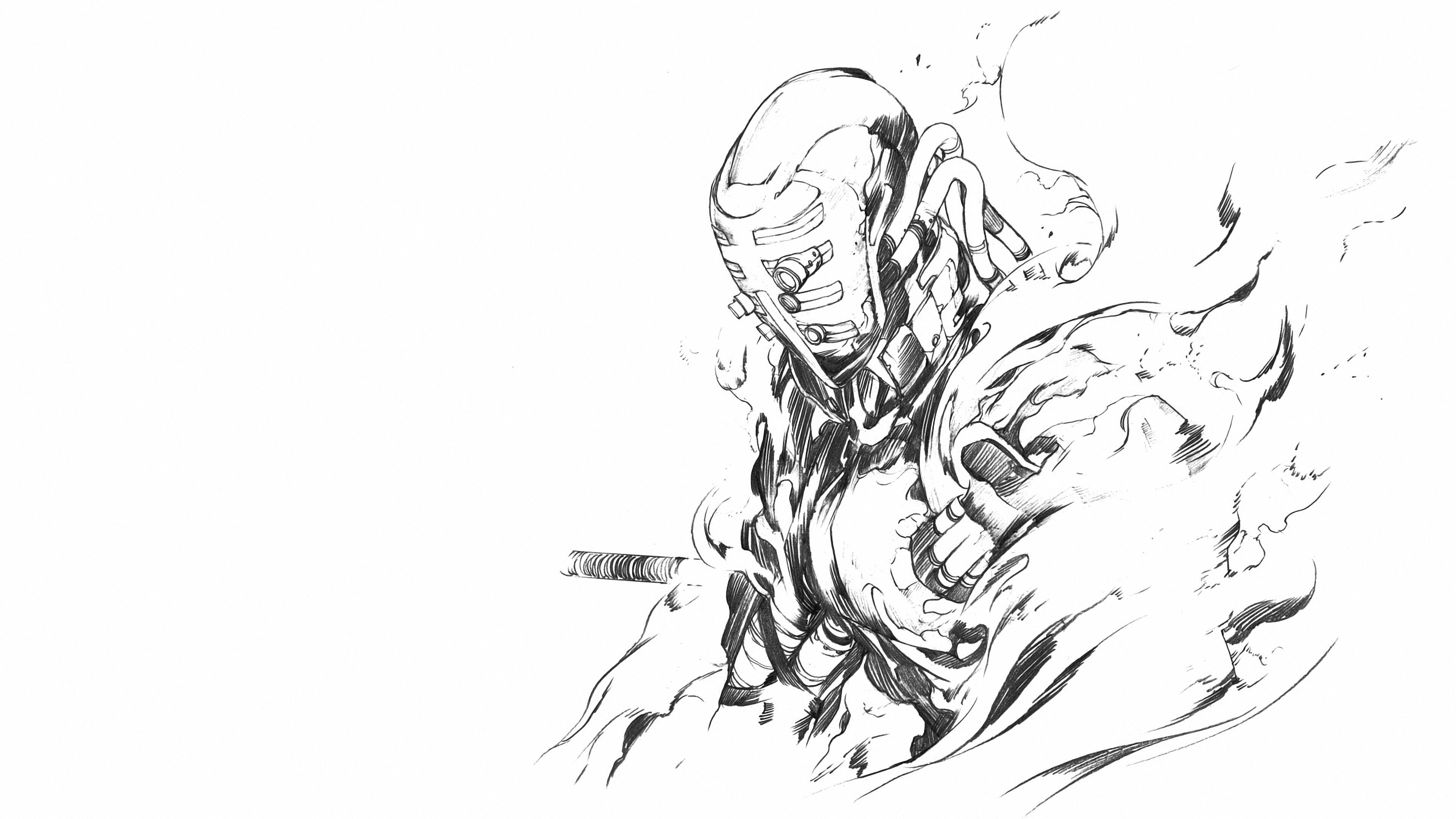 黑白 桌布 壁紙 — 一幅動態黑白線條藝術插圖，描繪一位戴面具的武士揮劍至半途，周圍環繞著動作線條。
