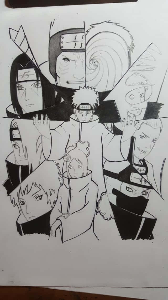 Akatsuki Drawing 桌布 壁紙 — 一幅動態黑白草圖拼貼畫，包含多個來自《火影忍者》的動漫角色，線條大膽，表情豐富。