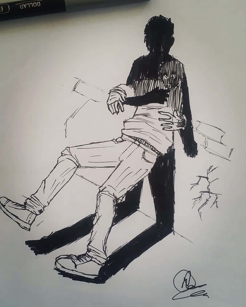 Sketches 桌布 壁紙 — 一幅動態黑色墨水素描，描繪一個人隨意坐在椅子上，帶有鮮明的陰影和鬆散的線條。