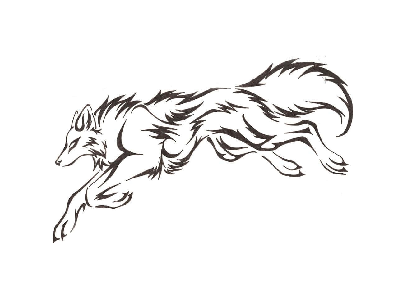 Wolf Tattoo 桌布 壁紙 — 一幅動態黑色墨水線條畫，描繪一隻狐狸向前躍進，毛髮飄逸，四肢伸展，背景為純白色。