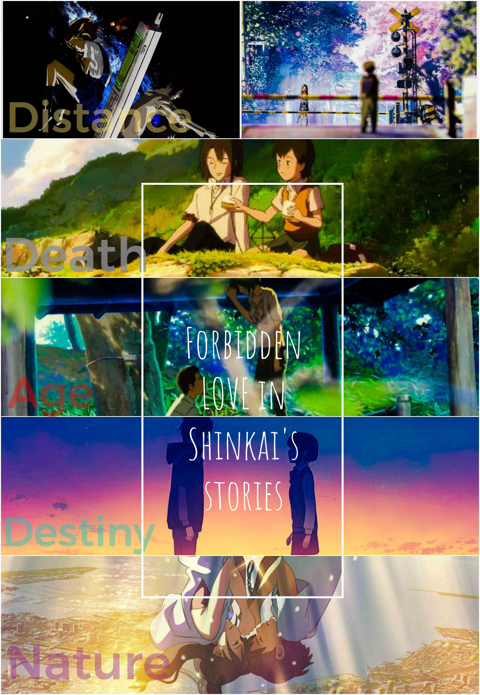 Makoto Shinkai 桌布 壁紙 — 一幅動漫場景拼貼畫，展現浪漫情感時刻，背景是鮮豔的天空和茂密的風景。